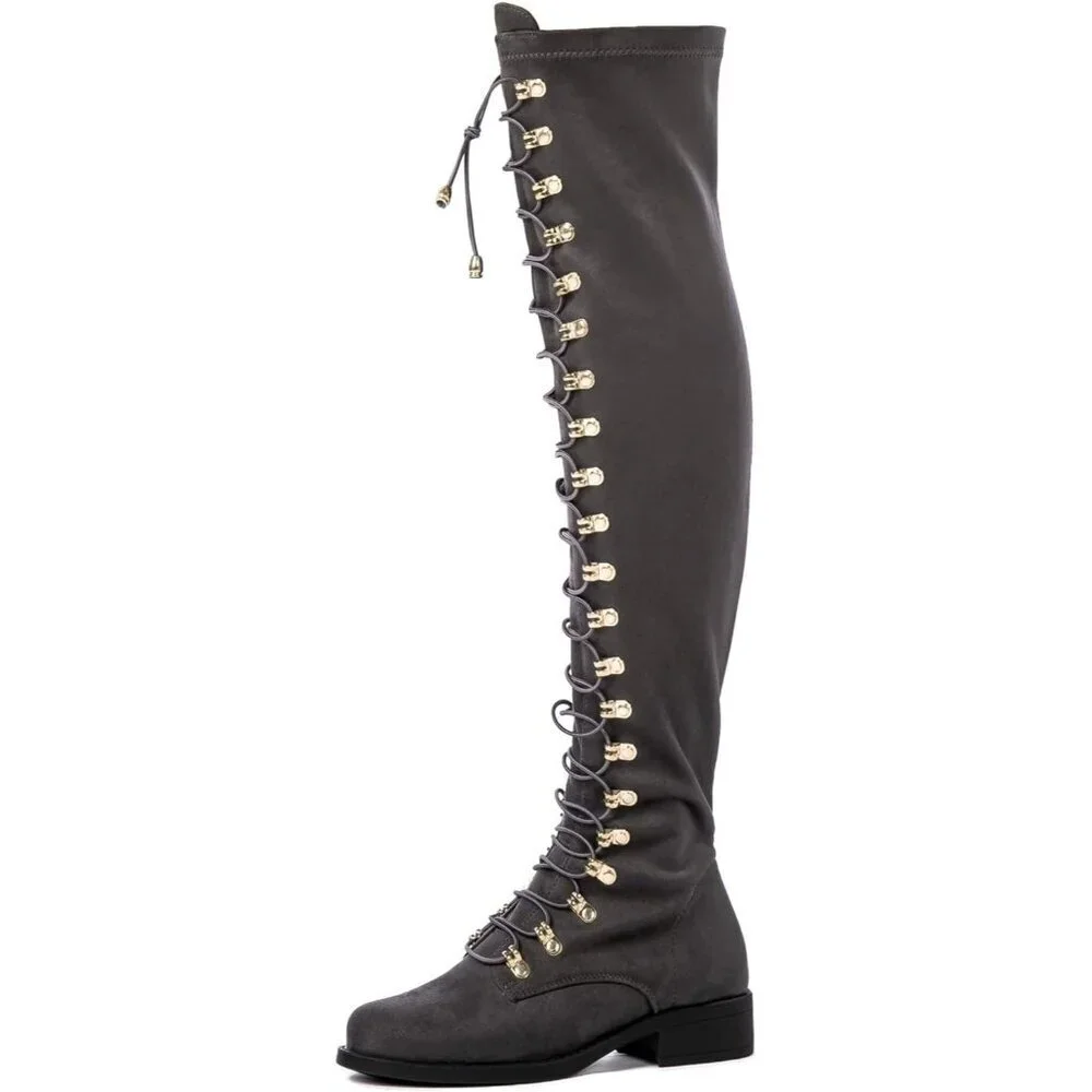 Women's Grey Faux Leather Side Zipper Over The Knee Thigh High Tall Boots